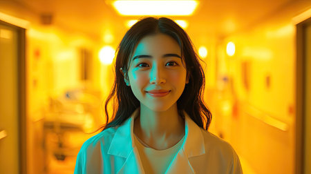 A confident and professional portrait of a smiling Asian female doctor, standing in a brightly lit hospital hallway with medical equipment visible.の素材