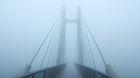 A foggy morning view of the Vasco da Gama Bridge, with its cables disappearing into the mist for a mysterious and ethereal feelの素材