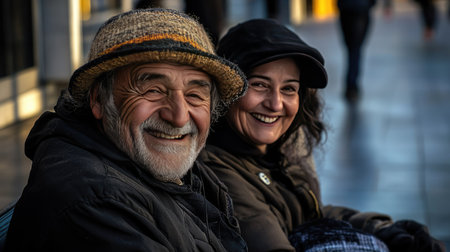 Elderly man and woman sitting closely on a bench, warm smiles and laughter as they enjoy the last light of a sunny day.の素材