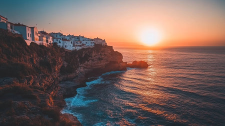A serene sunset over Azenhas do Mar, with its white village houses perched on cliffs and the natural pool reflecting the warm huesの素材