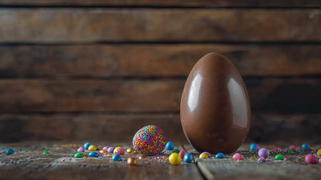 A large chocolate Easter egg next to a small one, beautifully arranged on a rustic wooden background with scattered colorful candy decorations.の素材
