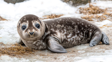 Weddell seal pup gazing curiously, lying on the icy shores of King George Island with snow-covered mountains in the backgroundの素材