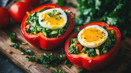 Halved red peppers filled with green salad and topped with perfectly cooked eggs, styled on a wooden board with scattered greens and a neutral backgroundの素材