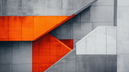 Abstract building facade in gray and orange tones, featuring overlapping planes, intersecting lines, and a clean space for textの素材