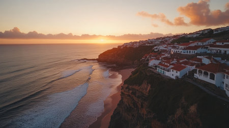 Aerial shot of Azenhas do Mar, showcasing its white houses perched on the cliffs with the beach and Atlantic Ocean below at sunsetの素材