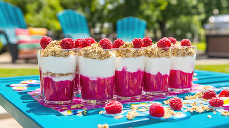 A refreshing summer dessert in clear glasses featuring yogurt layers, fresh raspberries, and granola on a vibrant outdoor picnic tableの素材