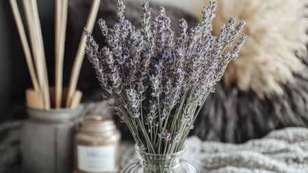A bunch of Lavandula Meerlo stems with their aromatic, variegated leaves arranged in a glass vase, styled in a cozy home decor setup.の素材