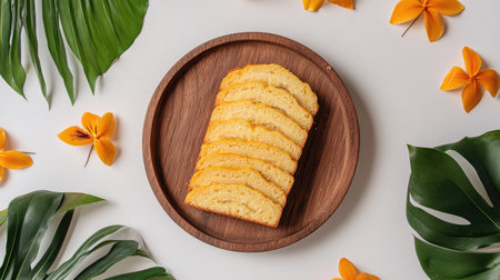 A plate of steamed banana cake served on a natural wood dish, surrounded by simple tropical decor on a white backgroundの素材