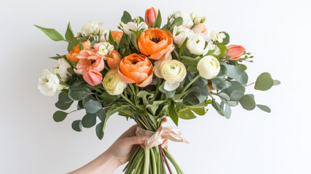 A fresh-cut bouquet of mixed spring flowers, featuring tulips, ranunculus, and greenery, tied with a bow and held in one handの素材