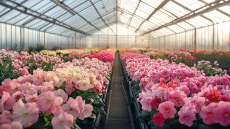 A greenhouse interior filled with rows of delicate flowers in various stages of bloom, capturing the beauty of sustainable floriculture.の素材