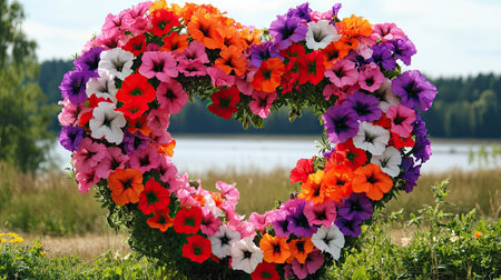 A bright heart-shaped flower installation made of petunias in various colors at Pakruojis Manor, Lithuania, on a sunny July day.の素材