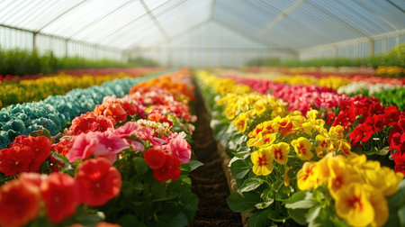 A panoramic view of a flower-filled greenhouse, with rows of colorful blooms stretching into the distance under a glass roof.の素材