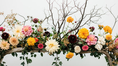A modern-rustic flower arrangement featuring bold dahlias, bright sunflowers, and hydrangeas with loose branches and thistlesの素材