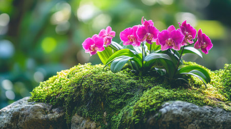 A peaceful countryside setting with vibrant wild orchids thriving on mossy rocks and tree branches in Thailand.の素材