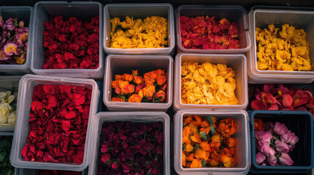 A storage area filled with plastic boxes containing colorful flowers in shades of red, orange, yellow, and pink for flower shop delivery.の素材