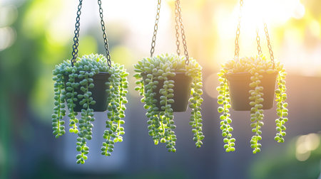 A patio garden showcasing Sedum morganianum in hanging pots, its thick green stems creating a cascading effect in the bright sunlight.の素材