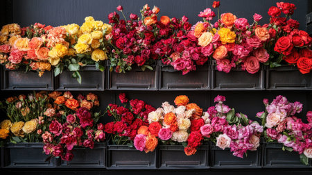 A flower market display featuring plastic boxes packed with red, orange, yellow, and pink flowers, ready for sale.の素材