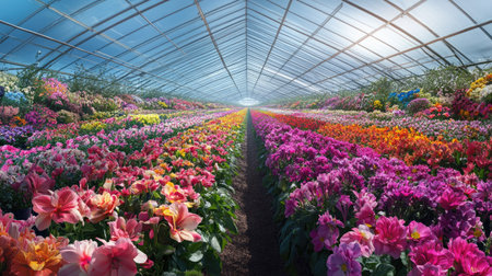 A panoramic view of a flower-filled greenhouse, with rows of colorful blooms stretching into the distance under a glass roof.の素材