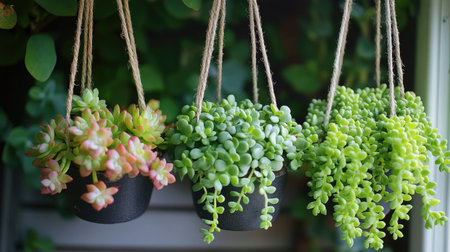 Donkey tail succulents growing in hanging pots on a sunny balcony, their trailing growth adding an eye-catching feature to the space.の素材