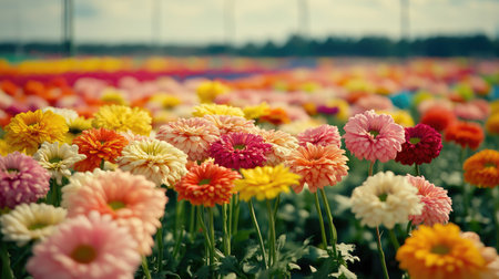 Inside a flower farming greenhouse colorful blooms grown in precise rows, demonstrating innovation in flower production.の素材