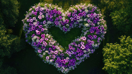 The heart-shaped petunia installation at Pakruojis Manor stands as a symbol of summer beauty and floral artistry in Lithuania.の素材