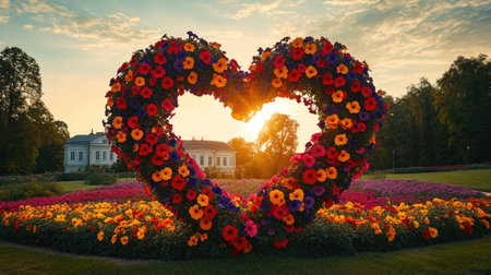 Multicolored petunias arranged in a giant heart shape at Pakruojis Manor, Lithuania, celebrating the beauty of summer florals.の素材