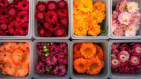 Rows of plastic boxes packed with red, orange, yellow, and pink flowers, prepared for transport to local flower shops.の素材