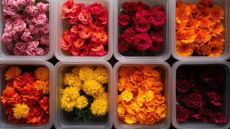Freshly harvested flowers in plastic boxes featuring vibrant red, orange, yellow, and pink blooms, ready for shipment to flower shops.の素材