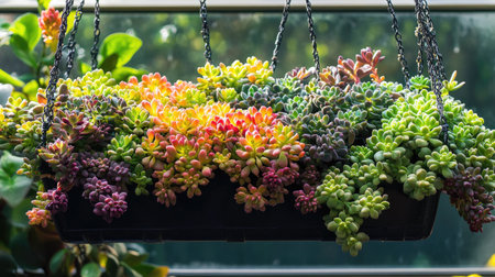 Sedum morganianum trailing gracefully from a hanging basket, creating a stunning display in a bright indoor garden setting.の素材