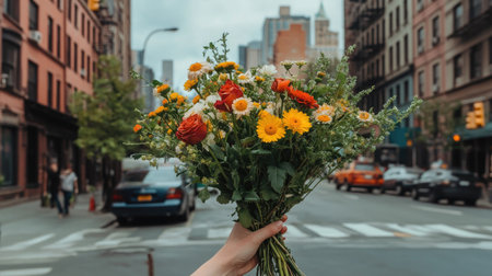 Vibrant floral arrangement featuring daisies, roses, and greenery held effortlessly in a woman's hand against an urban backdropの素材