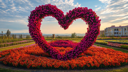 The iconic heart-shaped flower installation at Pakruojis Manor showcases the beauty of multicolored petunias in full bloom.の素材
