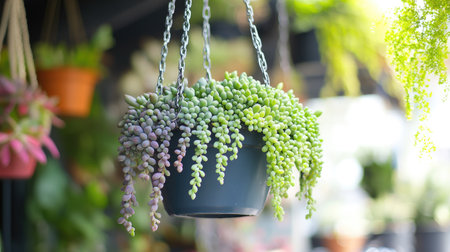 Donkey tail succulents growing in hanging pots, their lush, trailing stems adding a unique charm to a house plant collection.の素材