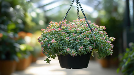 Sedum morganianum trailing gracefully from a hanging basket, creating a stunning display in a bright indoor garden setting.の素材
