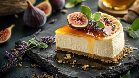 Decadent cheesecake slice with honey drizzle, figs, and lavender garnish, presented with warm natural light and rustic textures.の素材