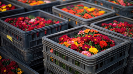 Stacked plastic crates filled with fresh red, orange, yellow, and pink flowers, stored for delivery to local flower shops.の素材