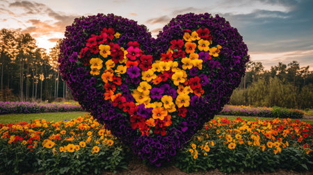 Multicolored petunias form a large heart-shaped installation at the picturesque Pakruojis Manor in Lithuania, Europe.の素材