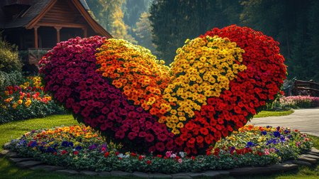 Multicolored petunias form a large heart-shaped installation at the picturesque Pakruojis Manor in Lithuania, Europe.の素材