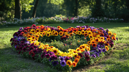 Multicolored petunias form a striking heart design at Pakruojis Manor, showcasing floral beauty and creativity in Lithuania.の素材