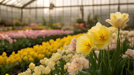 Macro shot of yellow tulips with dewdrops, isolated in soft light, with a greenhouse full of spring blooms fading into the backgroundの素材