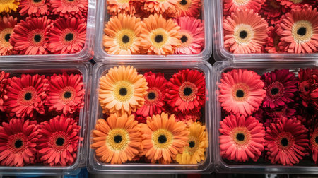 Vibrant red, orange, yellow, and pink flowers in plastic boxes, stacked and ready for sale at flower shops.の素材