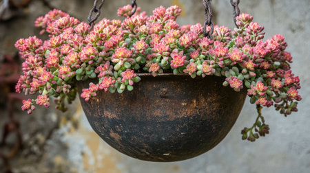 Sedum morganianum trailing from a hanging planter, with its thick, textured stems making it the perfect addition to an urban garden.の素材
