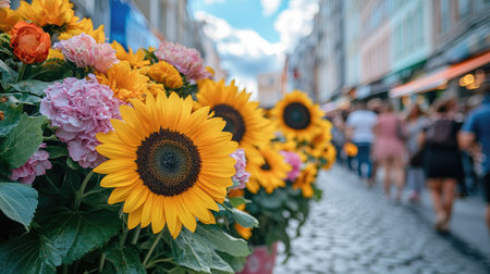 A charming street flower display featuring a mix of pastel-colored bouquets and bold sunflowers, with a busy street in the background.の素材
