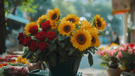 A close-up of vibrant sunflowers and roses displayed in a vintage cart at a street flower shop, with soft-focus city streets behindの素材