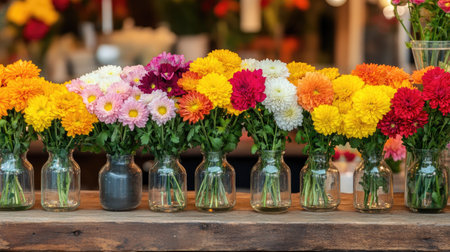 A flower shop counter featuring a cheerful mix of colorful chrysanthemum flowers in glass and ceramic vases, ready for sale.の素材