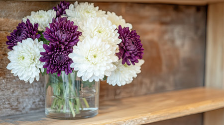 A close-up of white and purple chrysanthemums in a simple glass vase, displayed on a wooden shelf at a small flower shop.の素材