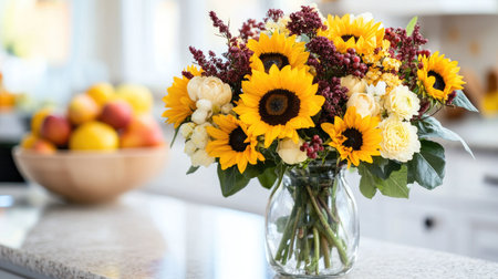 A cheerful arrangement of sunflowers and chrysanthemums in a small glass vase, styled on a kitchen island with a fruit bowl in the background.の素材