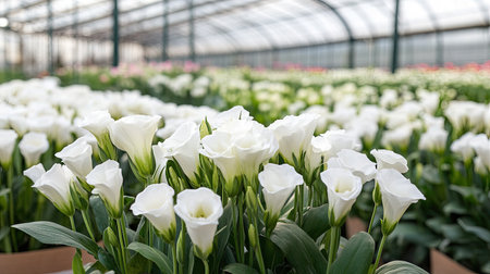 A vibrant greenhouse filled with white lisianthus flowers under soft daylight, showcasing Dutch flower-growing expertise during an open day.の素材