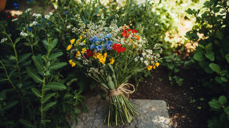 A rustic bouquet of wildflowers tied with twine, placed on a stone pathway surrounded by lush greenery on a sunny day.の素材