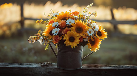 Breathtaking bouquet of sunflowers, roses, and daisies placed in a rustic watering can, styled on a wooden farm fence with soft sunlight.の素材