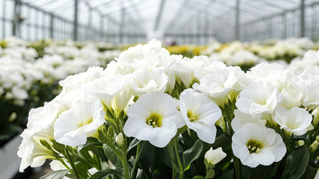 A wide-angle shot of vibrant white lisianthus flowers in a Dutch flower-growing greenhouse.の素材
